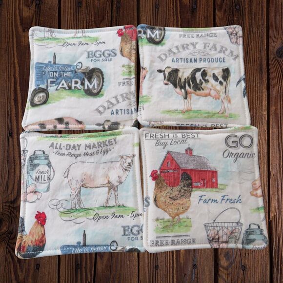 Fabric Coasters, Set Of 4, Farm Animal Reversible Country Floral Mug Rugs - Picture 9 of 9